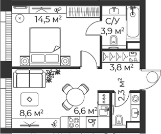 Планировка — Веер, 2-комн., 40 м²