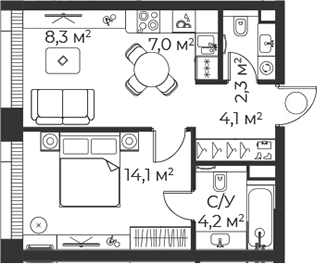 Планировка — Веер, 2-комн., 40 м²
