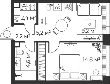 Планировка — Веер, 2-комн., 38 м²