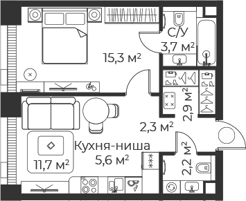 Планировка — Веер, 2-комн., 44 м²