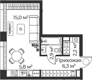 Планировка — Веер, Студия, 32 м²