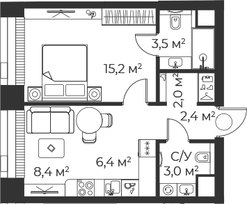 Планировка — Веер, 2-комн., 41 м²