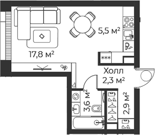 Планировка — Веер, Студия, 32 м²