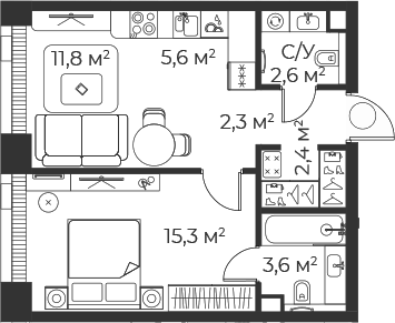 Планировка — Веер, 2-комн., 44 м²