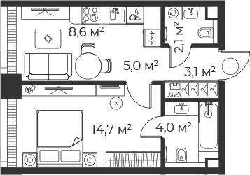 Планировка — Веер, 2-комн., 38 м²
