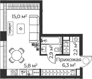 Планировка — Веер, Студия, 32 м²