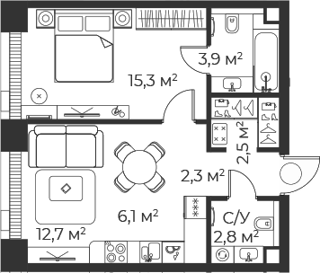 Планировка — Веер, 2-комн., 46 м²
