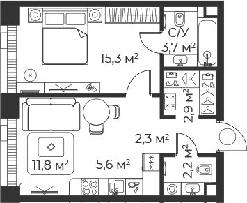 Планировка — Веер, 2-комн., 44 м²