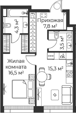 Планировка — Веер, 1-комн., 47 м²