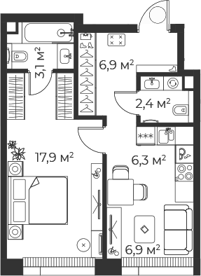 Планировка — Веер, 2-комн., 43 м²