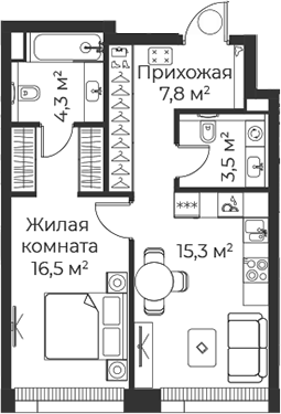 Планировка — Веер, 1-комн., 47 м²