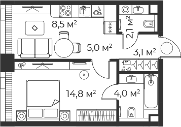 Планировка — Веер, 2-комн., 38 м²