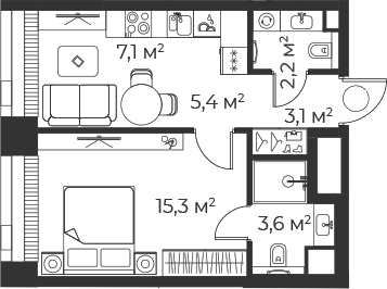Планировка — Веер, 2-комн., 37 м²
