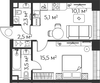 Планировка — Веер, 2-комн., 39 м²
