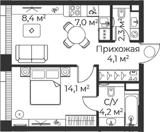 Планировка — Веер, 2-комн., 40 м²