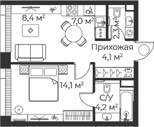 Планировка — Веер, 2-комн., 40 м²