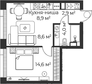 Планировка — Веер, 2-комн., 39 м²