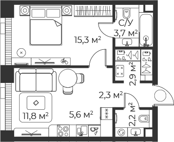 Планировка — Веер, 2-комн., 44 м²