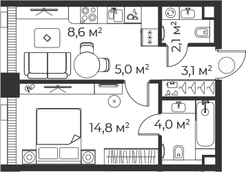 Планировка — Веер, 2-комн., 38 м²