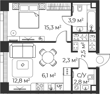 Планировка — Веер, 2-комн., 46 м²