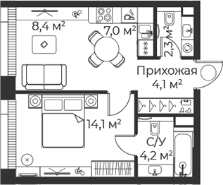 Планировка — Веер, 2-комн., 40 м²