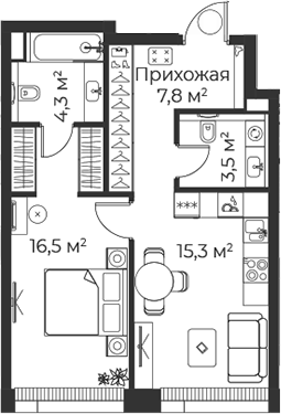 Планировка — Веер, 1-комн., 47 м²