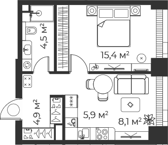 Планировка — Веер, 2-комн., 39 м²