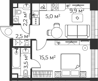 Планировка — Веер, 2-комн., 39 м²
