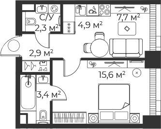 Планировка — Веер, 2-комн., 37 м²