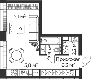 Планировка — Веер, Студия, 32 м²