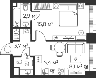 Планировка — Веер, 2-комн., 38 м²