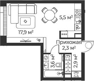 Планировка — Веер, Студия, 32 м²