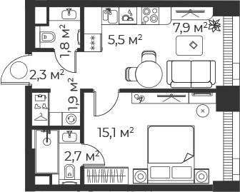 Планировка — Веер, 2-комн., 37 м²