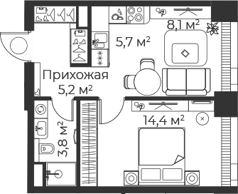 Планировка — Веер, 2-комн., 37 м²