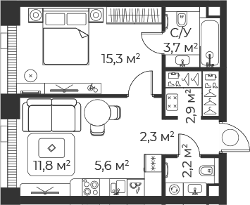 Планировка — Веер, 2-комн., 44 м²