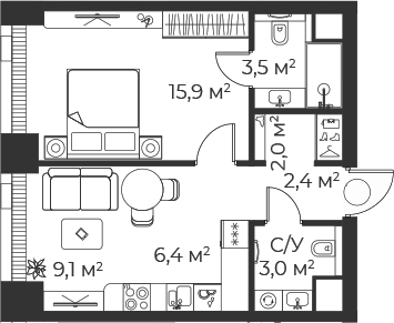 Планировка — Веер, 2-комн., 42 м²