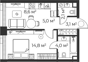 Планировка — Веер, 2-комн., 38 м²