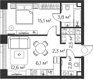 Планировка — Веер, 2-комн., 45 м²