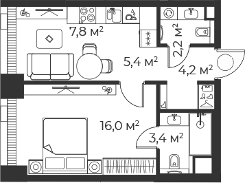 Планировка — Веер, 2-комн., 39 м²