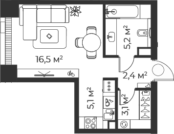 Планировка — Веер, Студия, 32 м²