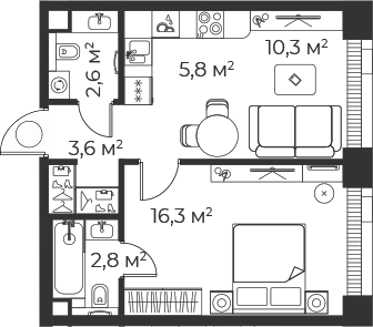 Планировка — Веер, 2-комн., 42 м²