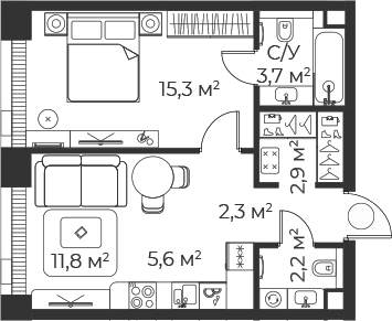 Планировка — Веер, 2-комн., 44 м²