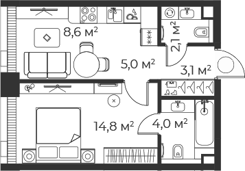 Планировка — Веер, 2-комн., 38 м²