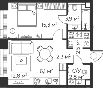 Планировка — Веер, 2-комн., 46 м²