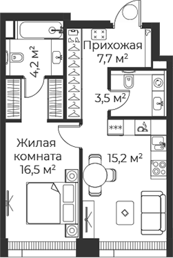 Планировка — Веер, 2-комн., 47 м²