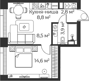 Планировка — Веер, 2-комн., 39 м²