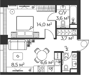 Планировка — Веер, 2-комн., 39 м²