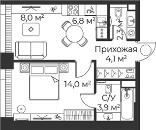 Планировка — Веер, 2-комн., 39 м²