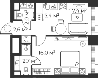 Планировка — Веер, 2-комн., 36 м²
