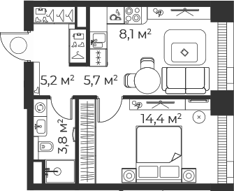 Планировка — Веер, 2-комн., 36 м²